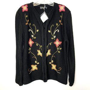 National Geographic Novica Cardigan  Sweater Alpaca Floral Embroidered Black